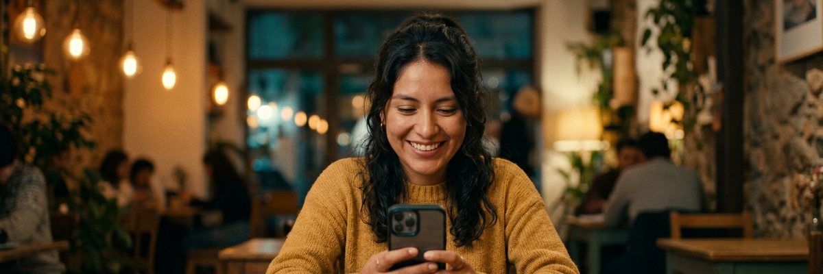 Clienta feliz pidiendo desde su celular