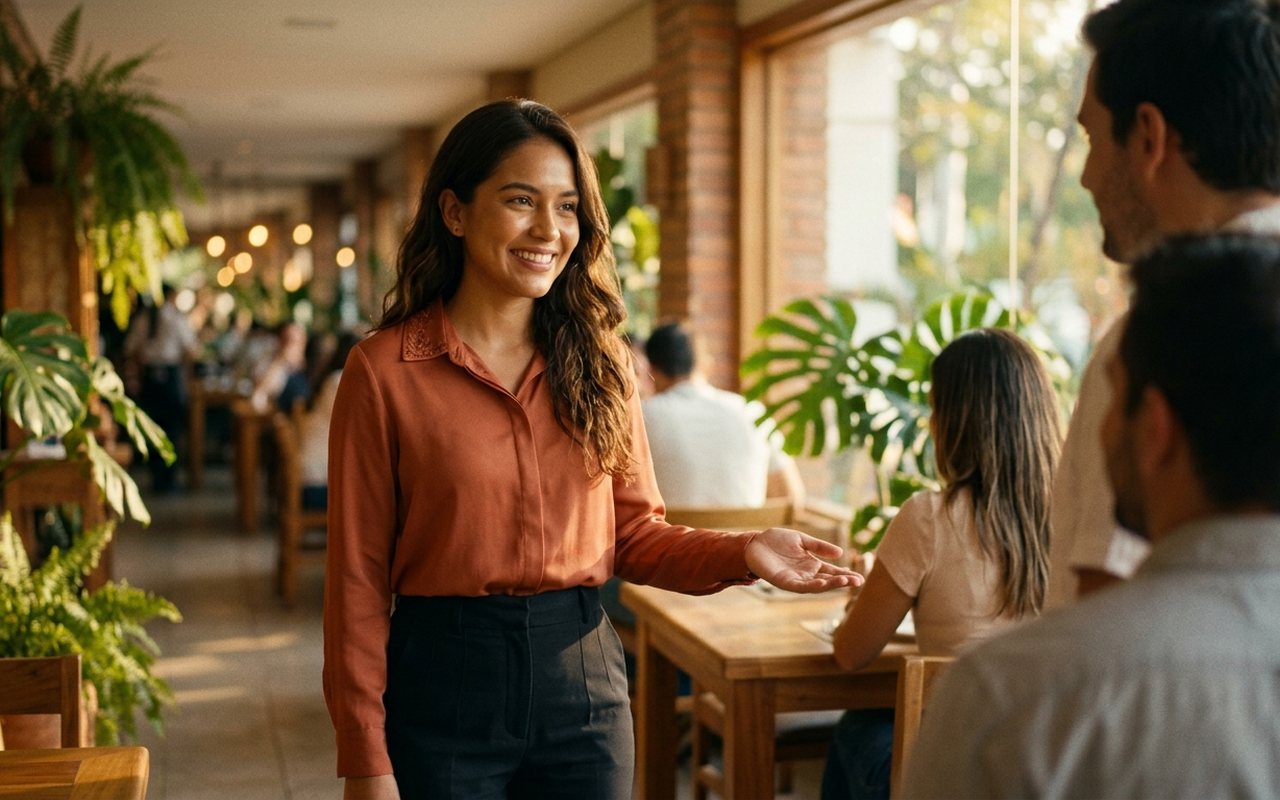 Anfitriona de un restaurante en Santa Cruz recibiendo a sus clientes