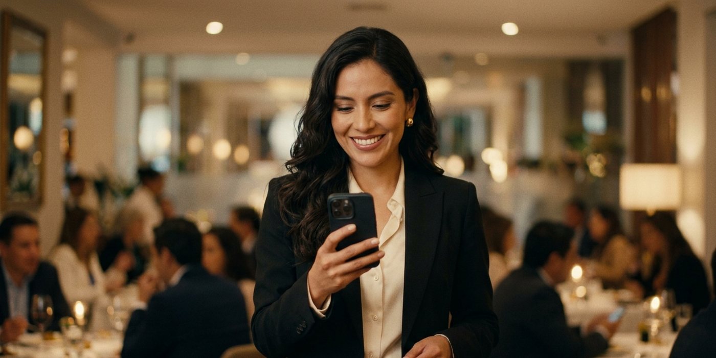 Gerente de un restaurante en Bolivia revisando sus ventas en el celular